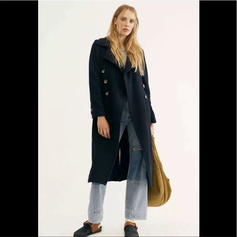 Free People Navy Textured Long Trench Coat - Picture 10 of 13